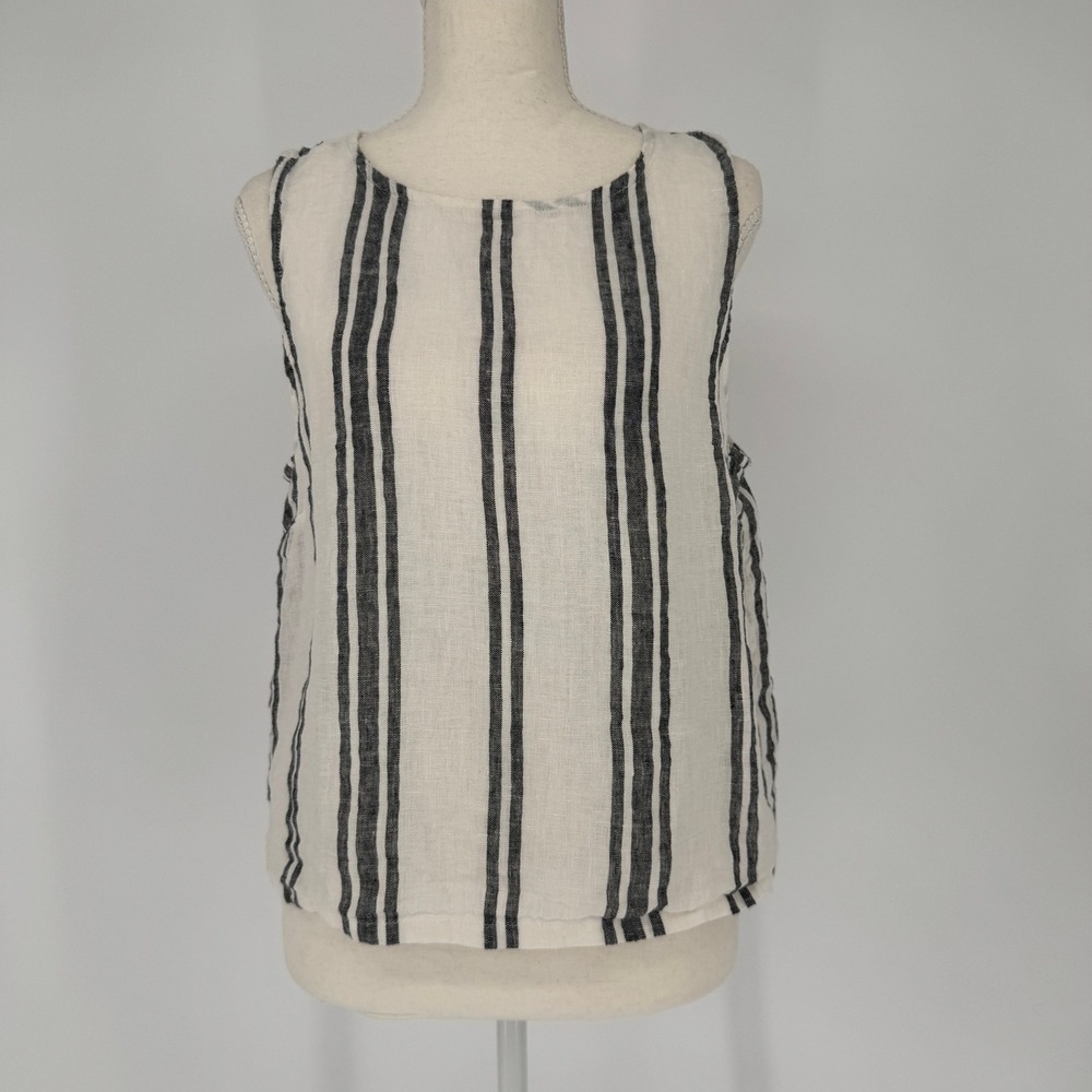 C&C California 100% Linen Tank Top L Striped Coastal Back Buttons Minimalist - Picture 2 of 13